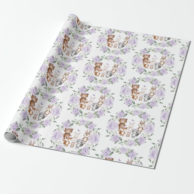 Woodland Animals Purple Floral Wreath Birthday Wrapping Paper (Unrolled)