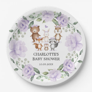 Woodland Animals Purple Flower Wreath Baby Girl Paper Plate