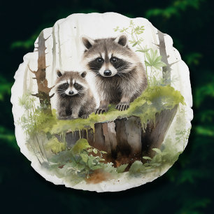 Woodland Animals Raccoons Nursery Kids Room Decor Round Cushion
