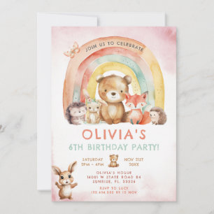 Woodland Animals Rainbow Floral Birthday  Invitation