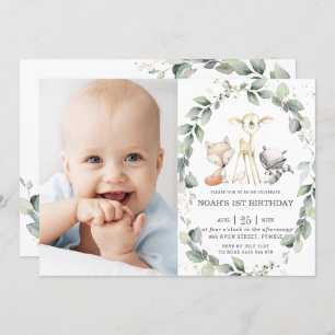 Woodland Animals Rustic Greenery Birthday Photo Invitation