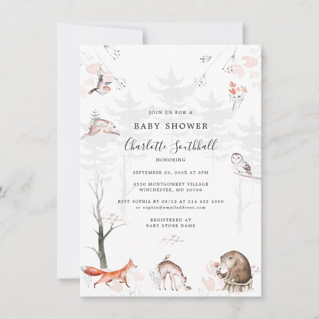 Woodland Animals Rustic Script Baby Shower Invitation (Front)