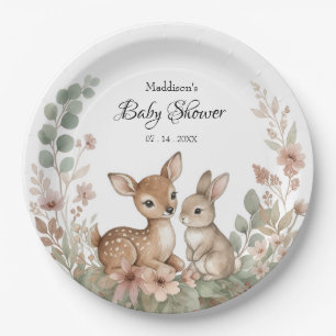 Woodland Animals Sage Green Baby Shower Paper Plate