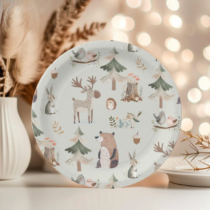Woodland animals sage green rustic Baby Shower Paper Plate