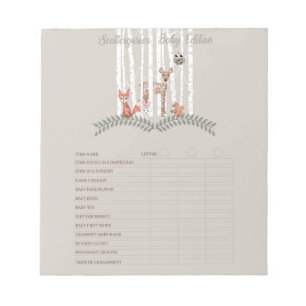 Woodland Animals Scattergories Baby Shower Game Notepad