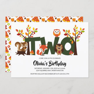 Woodland Animal's Second Birthday Party Invitation