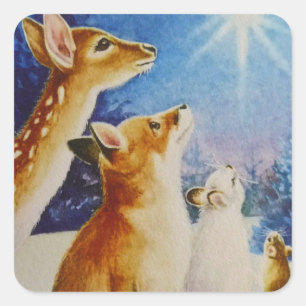 Woodland Animals See Christmas Star Watercolor Art Square Sticker
