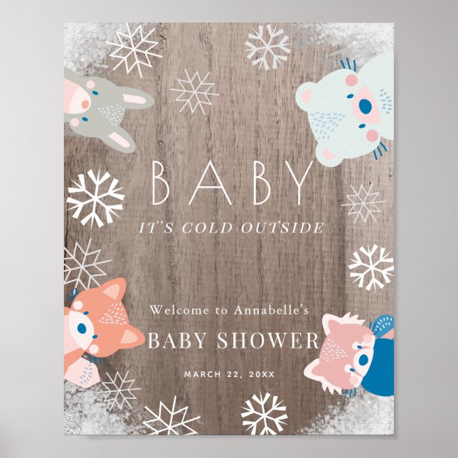 Woodland Animals Snow Baby Shower Welcome Sign (Front)