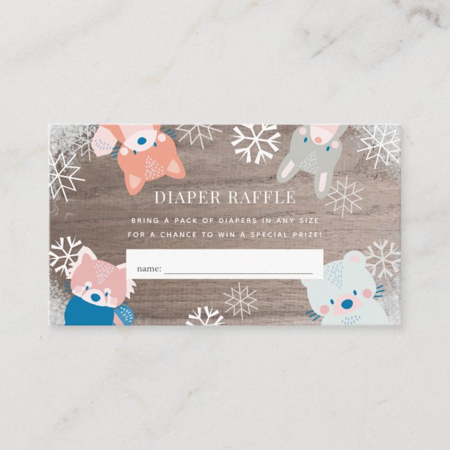 Woodland Animals Snow Blue Diaper Raffle Ticket Enclosure Card (Front)