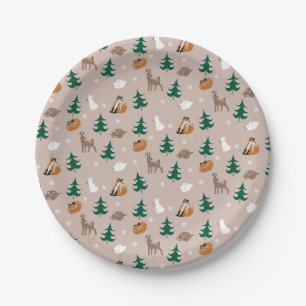 Woodland Animals Snow Covered Trees Pattern Paper Plate