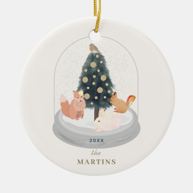 Woodland Animals Snow Globe White Holiday Photo Ceramic Ornament (Front)