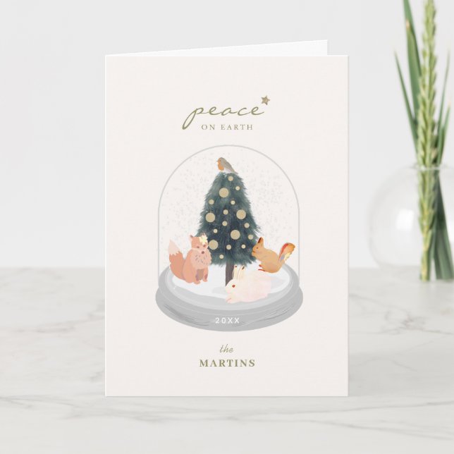Woodland Animals Snow Globe White Photo Christmas Card (Front)