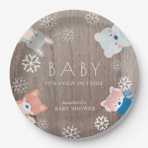 Woodland Animals Snowflake Wood Baby Shower Paper Plate