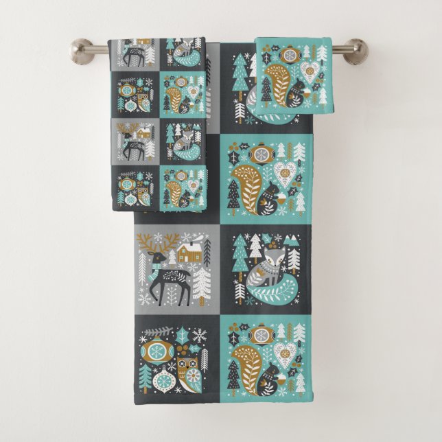 Woodland Animals Snowflakes Scandinavian Christmas Bath Towel Set (Insitu)