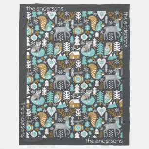 Woodland Animals Snowflakes Scandinavian Christmas Fleece Blanket