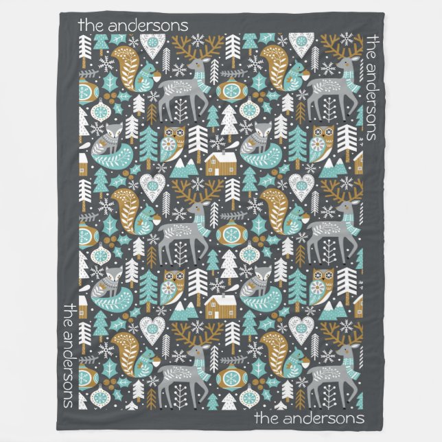 Woodland Animals Snowflakes Scandinavian Christmas Fleece Blanket (Front)