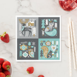 Woodland Animals Snowflakes Scandinavian Christmas Napkin