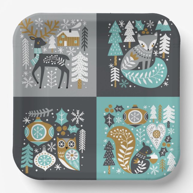 Woodland Animals Snowflakes Scandinavian Christmas Paper Plate (Front)