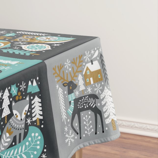 Woodland Animals Snowflakes Scandinavian Christmas Tablecloth (In Situ)