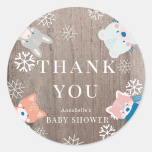 Woodland Animals Snowflakes Wood Baby Shower Classic Round Sticker