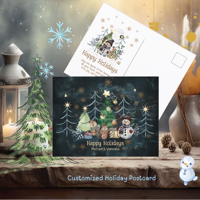 Woodland Animals Snowman Christmas Teal blue Postcard (Woodland Animals Snowman Christmas Teal blue Postcard)