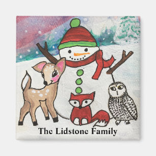 Woodland Animals Snowman Family Name Magnet