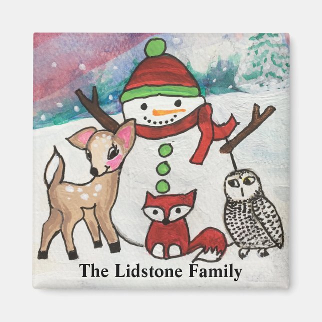 Woodland Animals Snowman Family Name Magnet (Front)