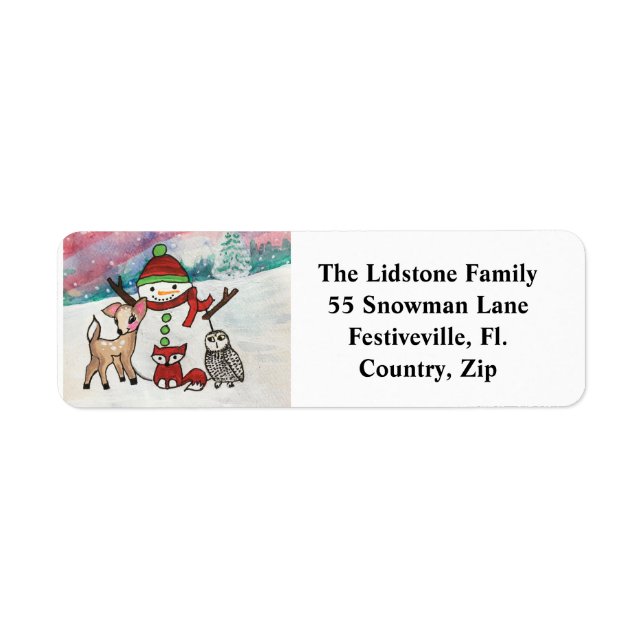 Woodland Animals Snowman Watercolor Address Labels (Front)