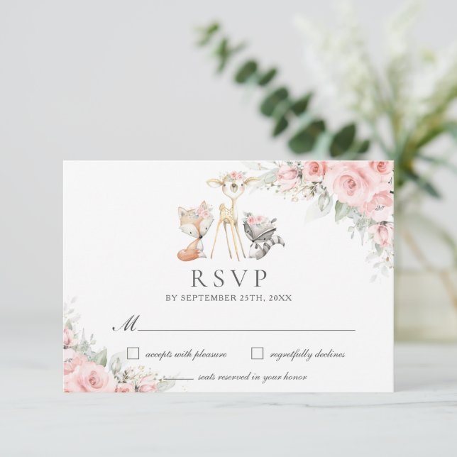 Woodland Animals Soft Blush Pink Floral Greenery  RSVP Card (Standing Front)