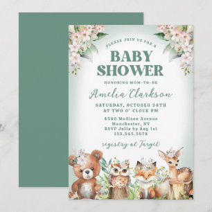 Woodland Animals Soft Green & Floral Baby Shower Invitation