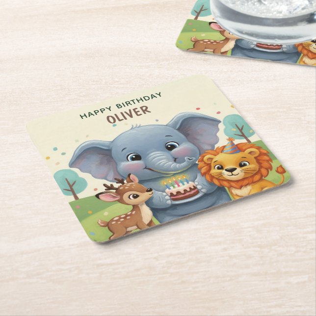 Woodland Animals Storybook Birthday Square Paper Coaster (Angled)