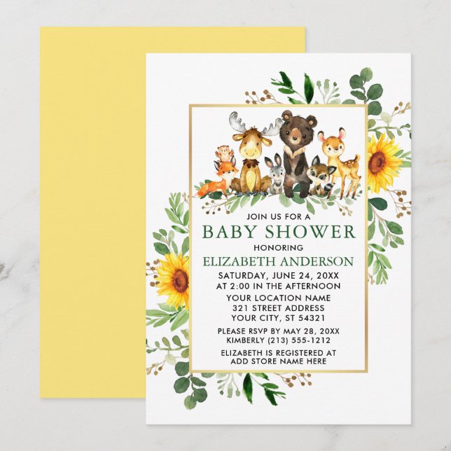 Woodland Animals Sunflowers Baby Shower Invitation (Front/Back)