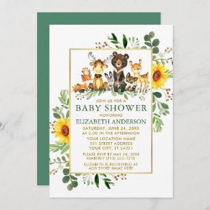 Woodland Animals Sunflowers Green Gold Baby Shower Invitation