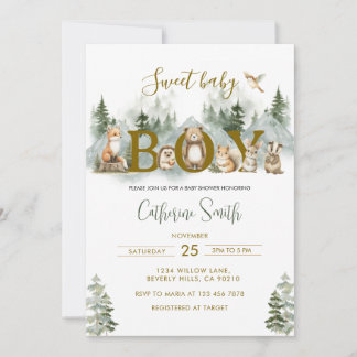 Woodland Animals Sweet Baby Boy Baby Shower Invitation