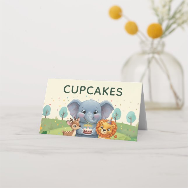 Woodland Animals Sweet Birthday Cupcakes Place Card (Front)