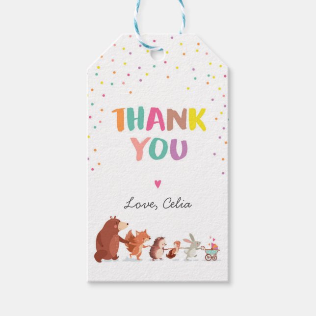 Woodland animals thank you favour gift tag neutral (Front)