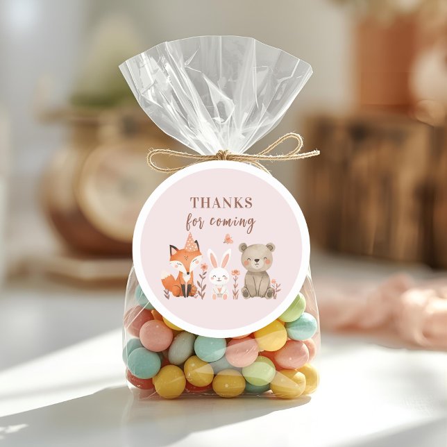 Woodland Animals Thank You | Rustic Pink Birthday Classic Round Sticker (Creator Uploaded)