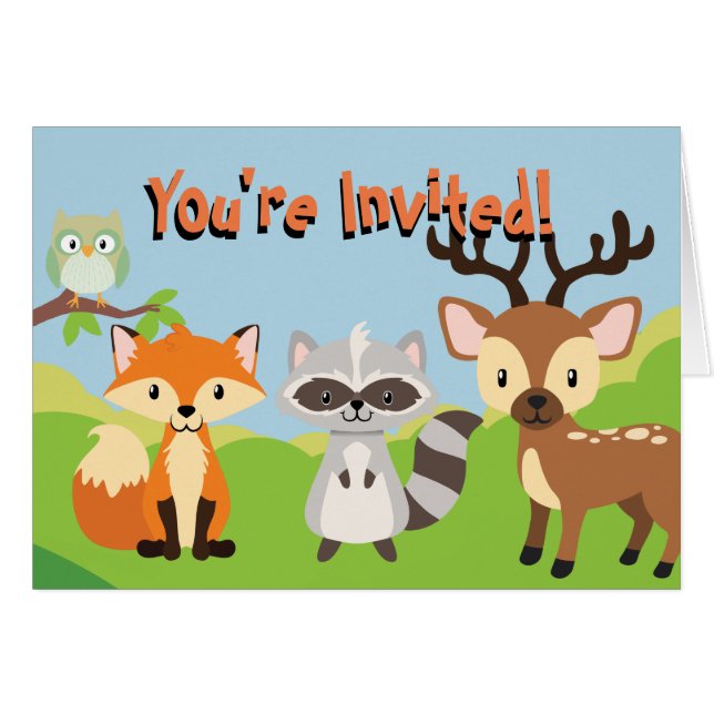 Woodland Animals Theme Birthday Invitation Card (Front Horizontal)