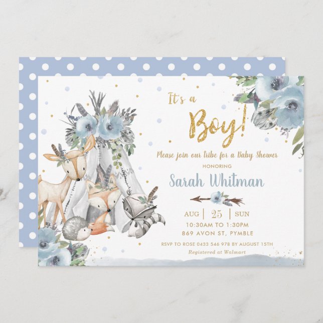 Woodland Animals Tribal Blue Gold Boy Baby Shower Invitation (Front/Back)