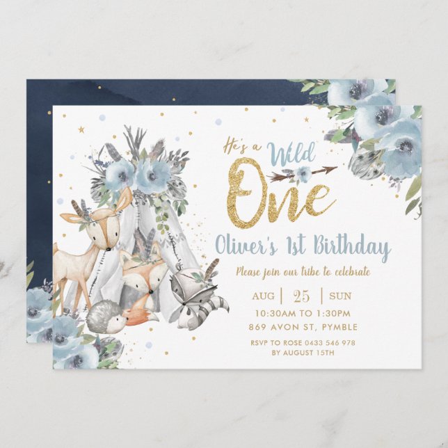 Woodland Animals Tribal Blue Wild One 1st Birthday Invitation (Front/Back)