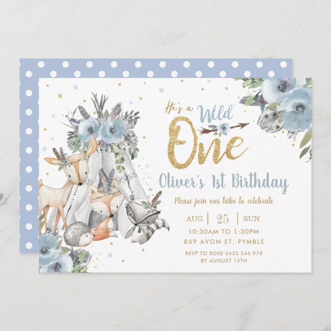 Woodland Animals Tribal Blue Wild One 1st Birthday Invitation (Front/Back)