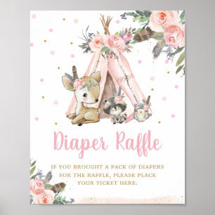Woodland Animals Tribal Boho Floral Diaper Raffle  Poster