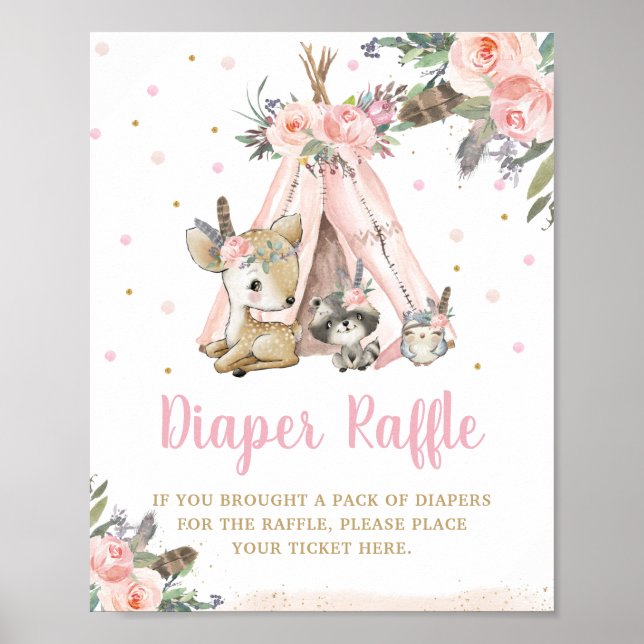 Woodland Animals Tribal Boho Floral Diaper Raffle  Poster (Front)