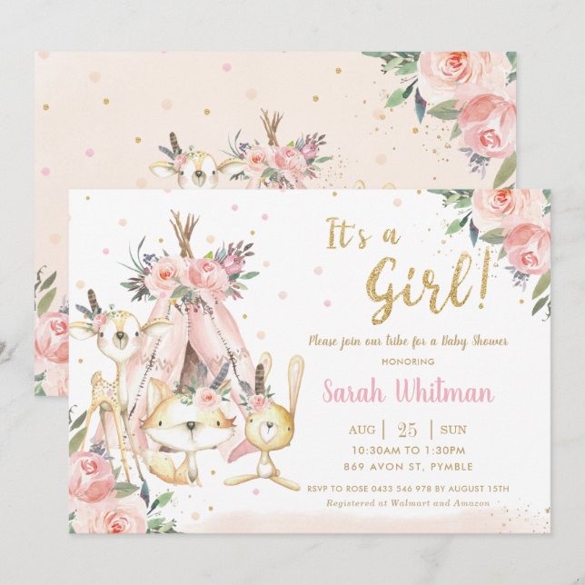 Woodland Animals Tribal It's a Girl Baby Shower Invitation (Front/Back)