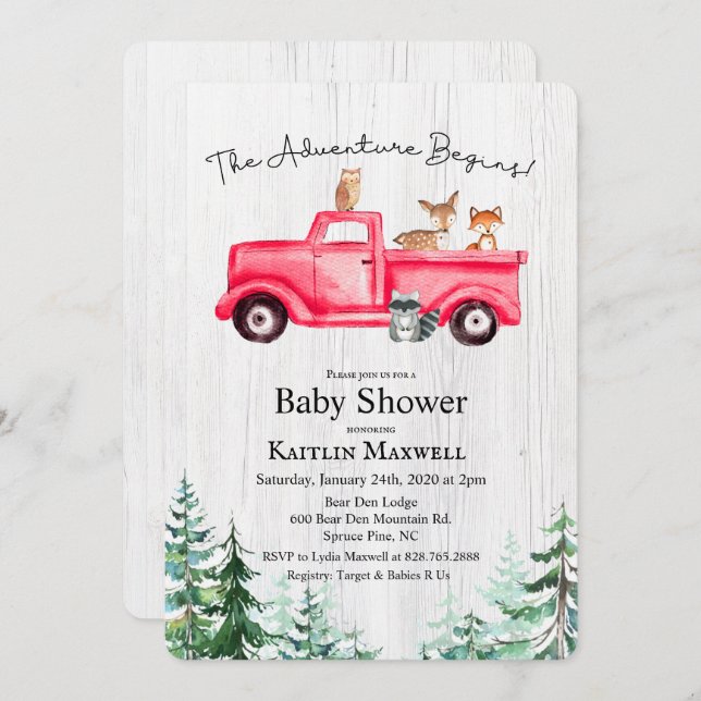 Woodland Animals Truck Baby Shower Invitation (Front/Back)