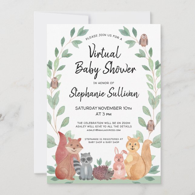 Woodland Animals Virtual Baby Shower Invitation (Front)