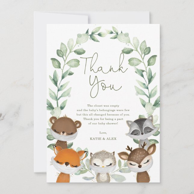 Woodland Animals Virtual Quarantine Baby Shower Thank You Card (Front)