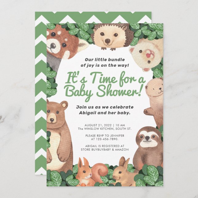Woodland Animals (/w bear and sloth) Baby Shower Invitation (Front/Back)