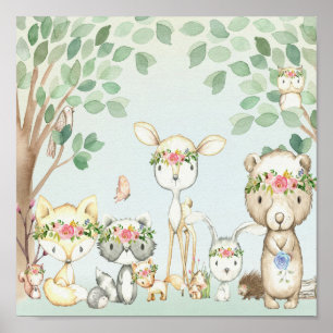 Woodland Animals Wall Art Poster Baby Nursery Boho
