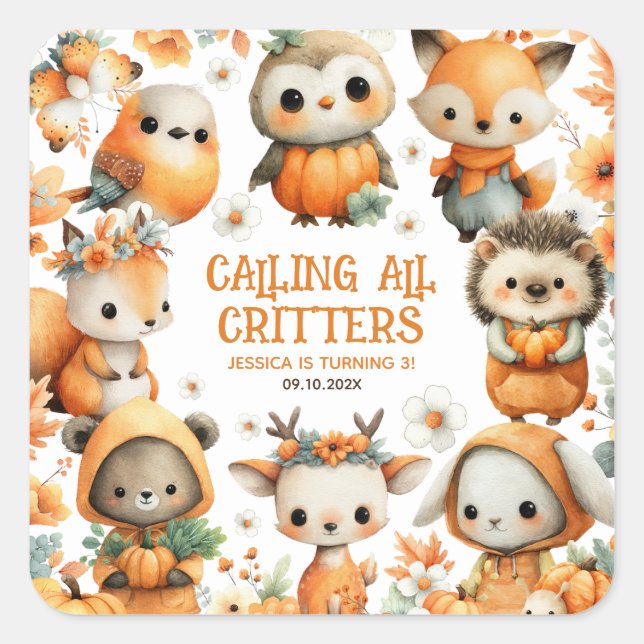 Woodland Animals Watercolor Autumn Kids Birthday Square Sticker (Front)